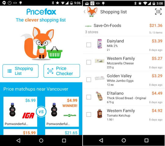 The Pricefox Android app's home screen and a shopping list comparing prices